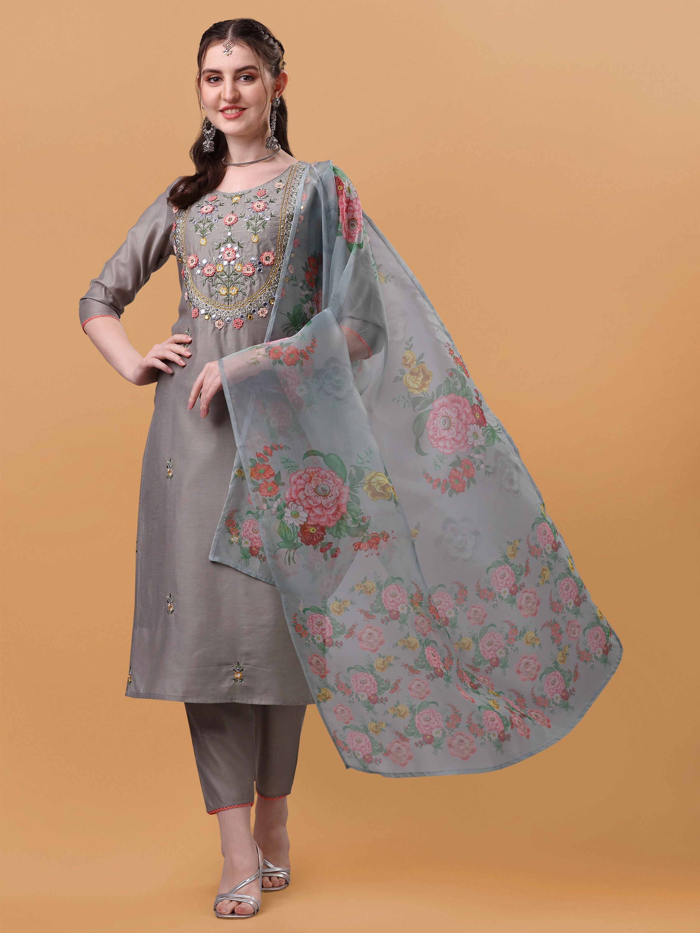 Multicolor hand embroidered rayon kurta set with organza printed dupatta