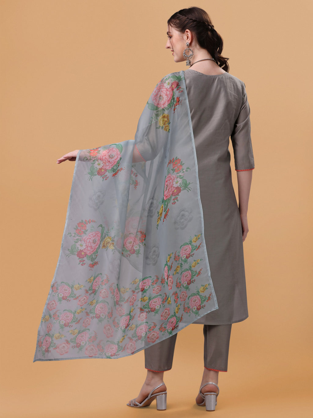 Multicolor Hand Embroidered Kurta Set with Organza Dupatta