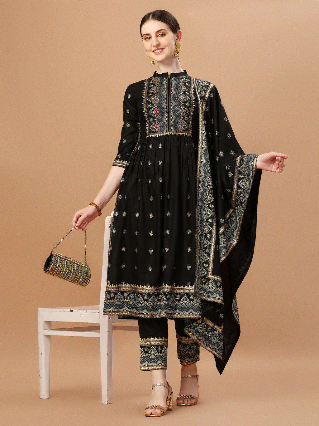 Multicolor Nyra Cut Kurta set with foil print and hand embroidery, including pants and dupatta.