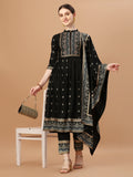 Multicolor Nyra Cut Kurta set with foil print and hand embroidery, including pants and dupatta.