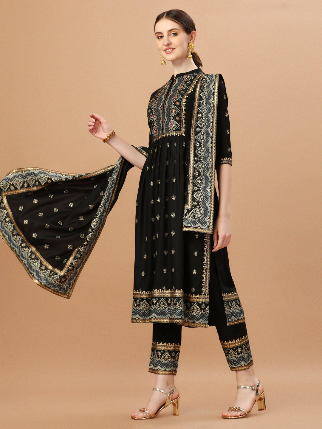 Multicolor Nyra Cut Foil Printed Kurta with Pant and Dupatta Set