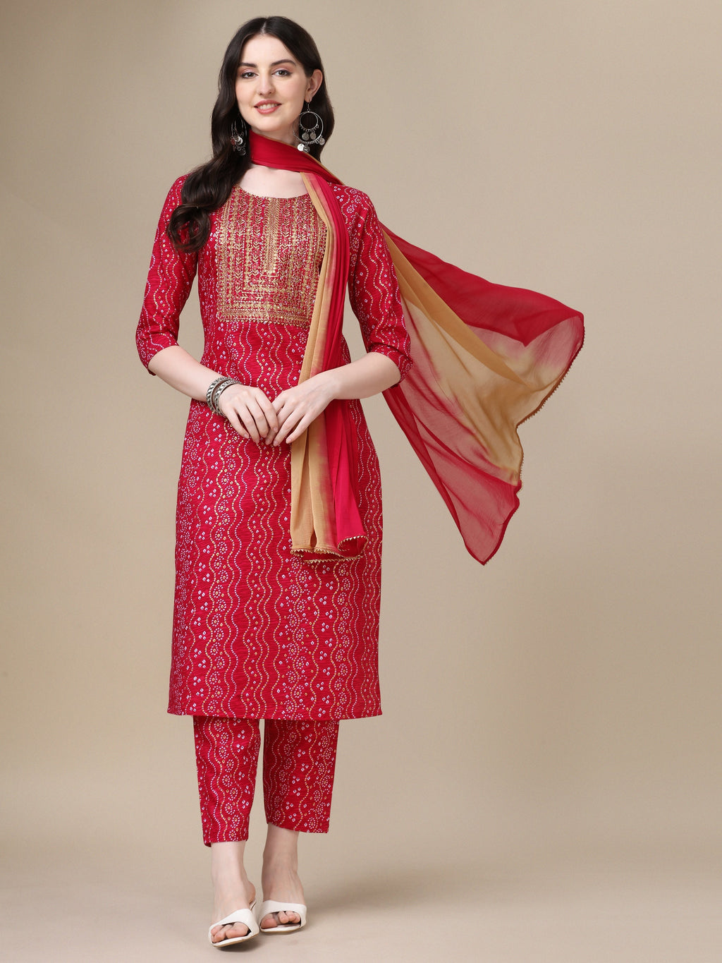 Multicolor Bandhani printed kurta with embroidery, matching pants, and dupatta
