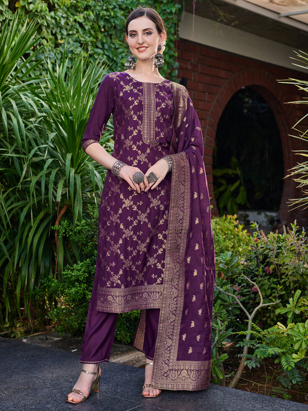 Multicolor Pure Muslin Jacquard Banarasi kurta set with matching bottoms and dupatta.
