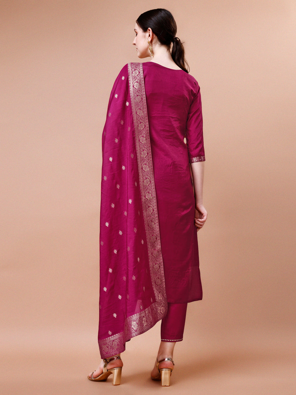 Multicolor Pure Muslin Jacquard Kurta Set with Pant and Dupatta