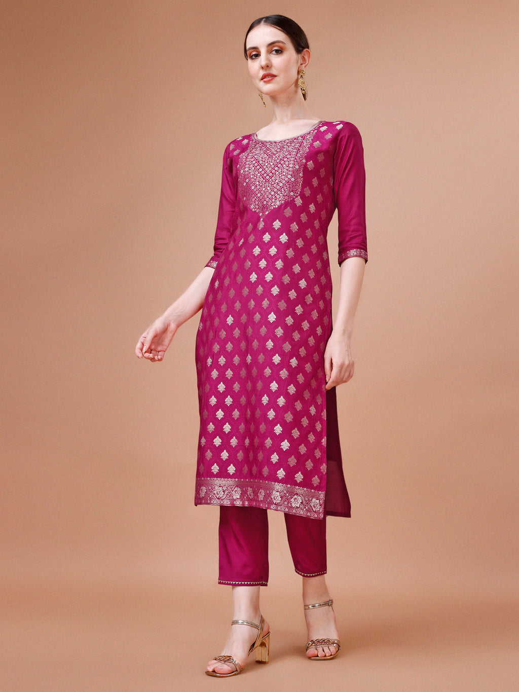 Multicolor Pure Muslin Jacquard Kurta Set with Pant and Dupatta