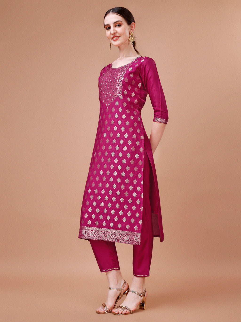 Multicolor Pure Muslin Jacquard Kurta Set with Pant and Dupatta