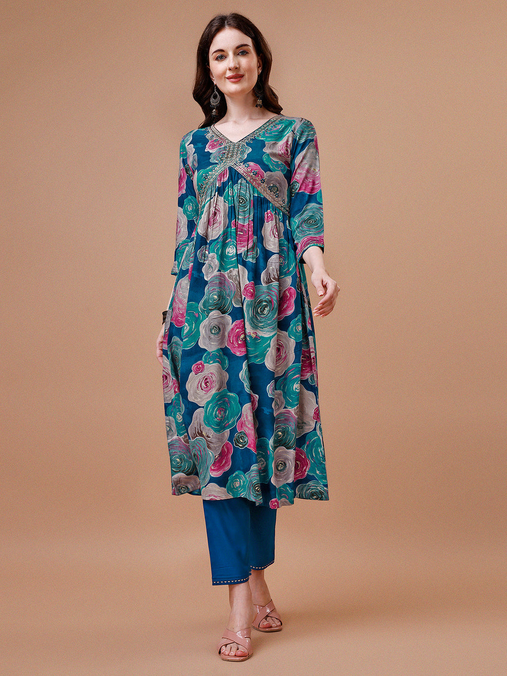 Multicolor Alia Cut Floral Printed & Embroidered Rayon Kurta Set