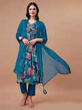 Multicolor floral printed Alia-cut rayon kurta with embroidery and matching dupatta
