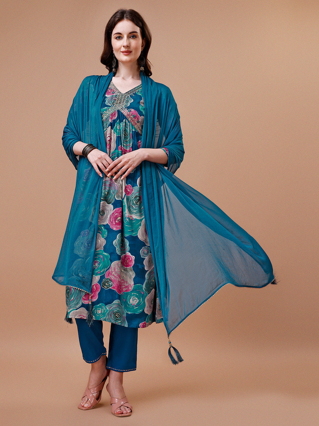 Multicolor floral printed Alia-cut rayon kurta with embroidery and matching dupatta