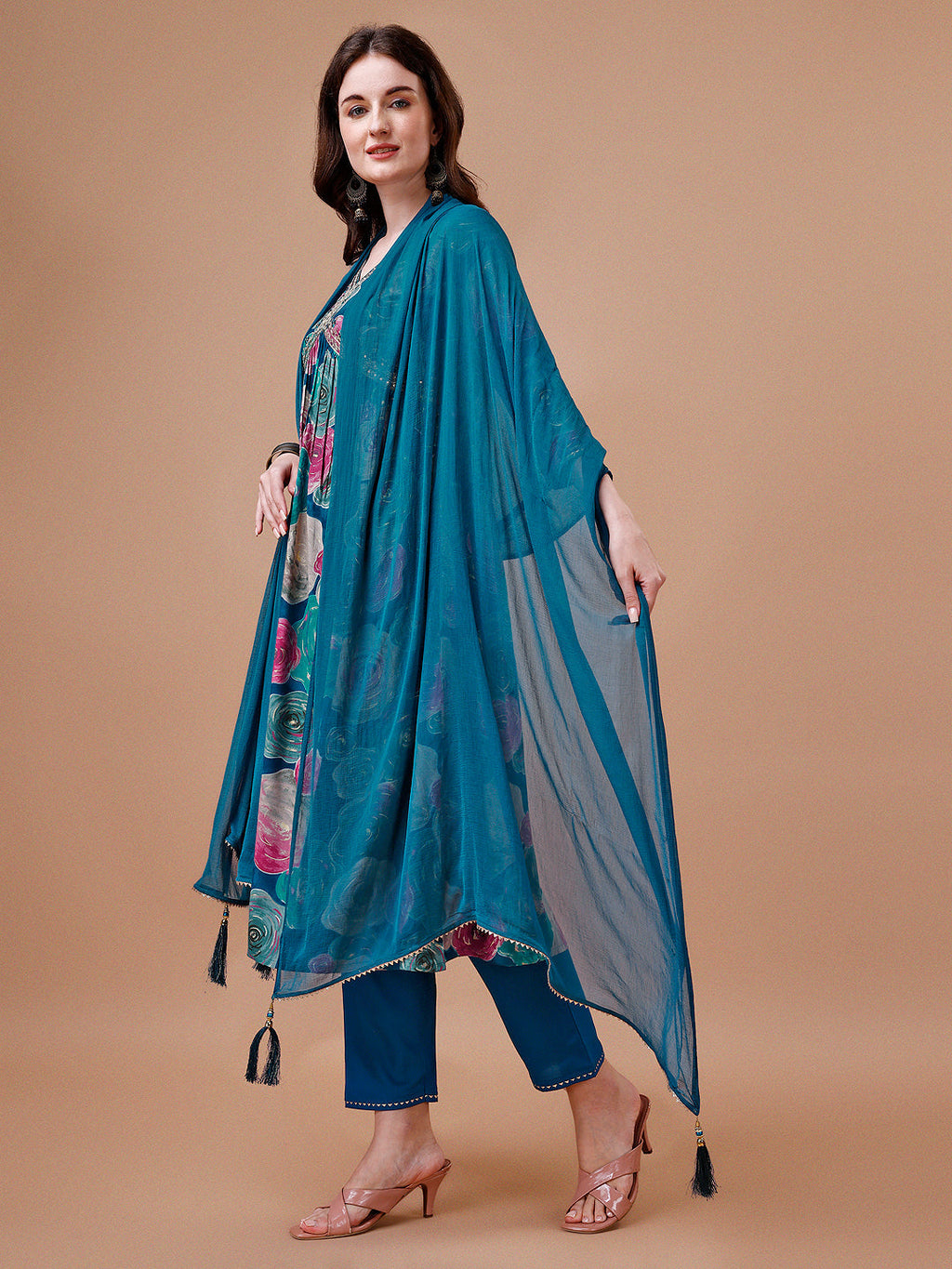 Multicolor Alia Cut Floral Printed & Embroidered Rayon Kurta Set