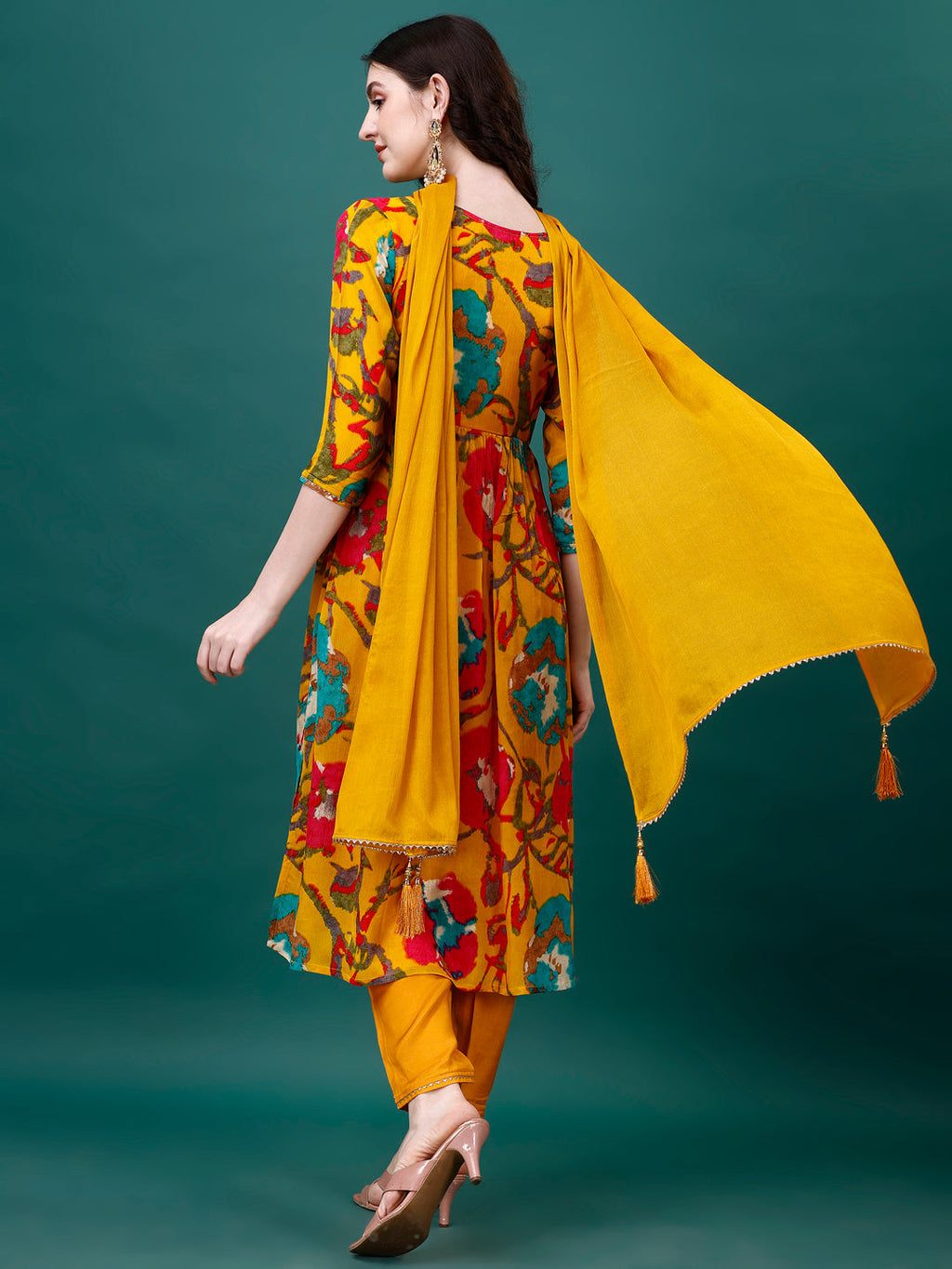 Multicolor Alia Cut Printed Chinon Kurta Set with Dupatta