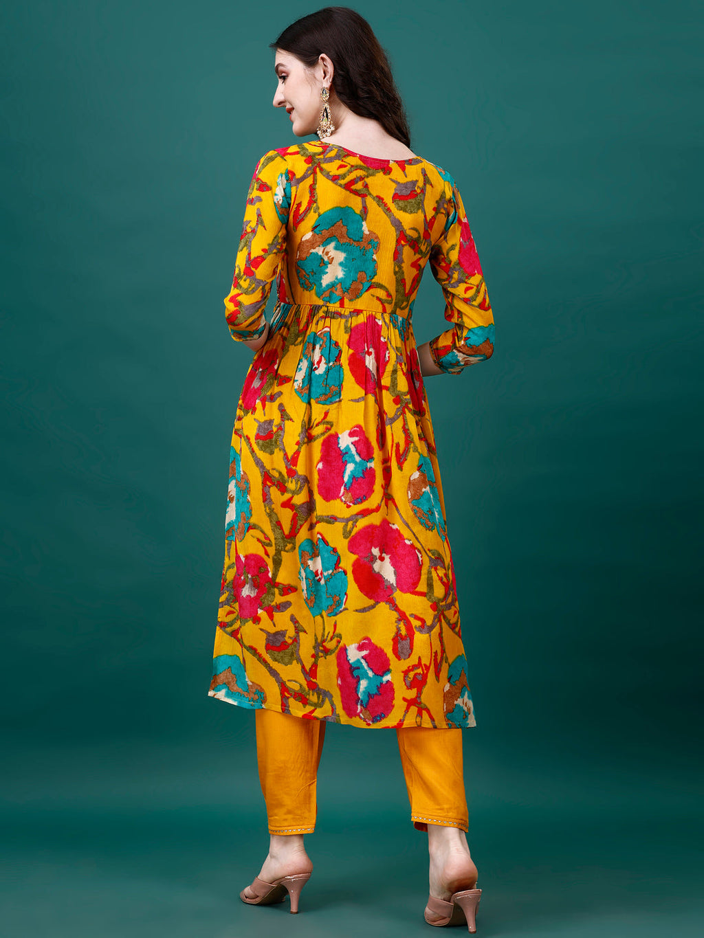 Multicolor Alia Cut Printed Chinon Kurta Set with Dupatta