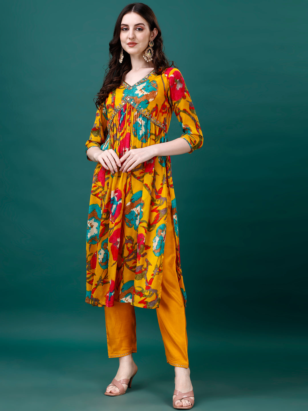 Multicolor Alia Cut Printed Chinon Kurta Set with Dupatta