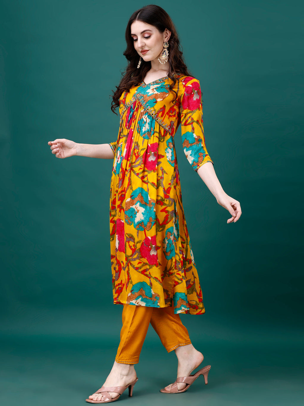 Multicolor Alia Cut Printed Chinon Kurta Set with Dupatta