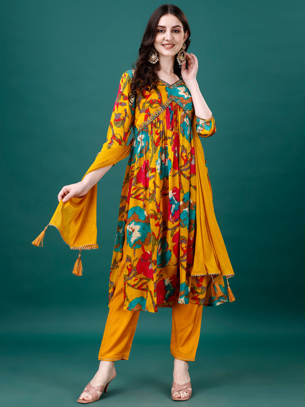 Alia cut multicolored hand embroidered and printed pure Chinon kurta set