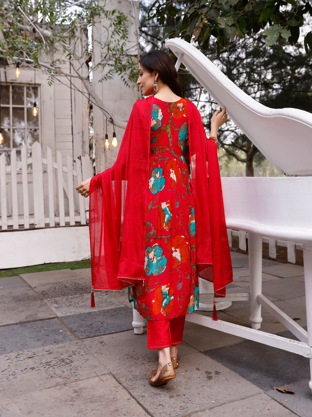 Multicolor Alia Cut Hand Embroidered Floral Kurta Set with Dupatta