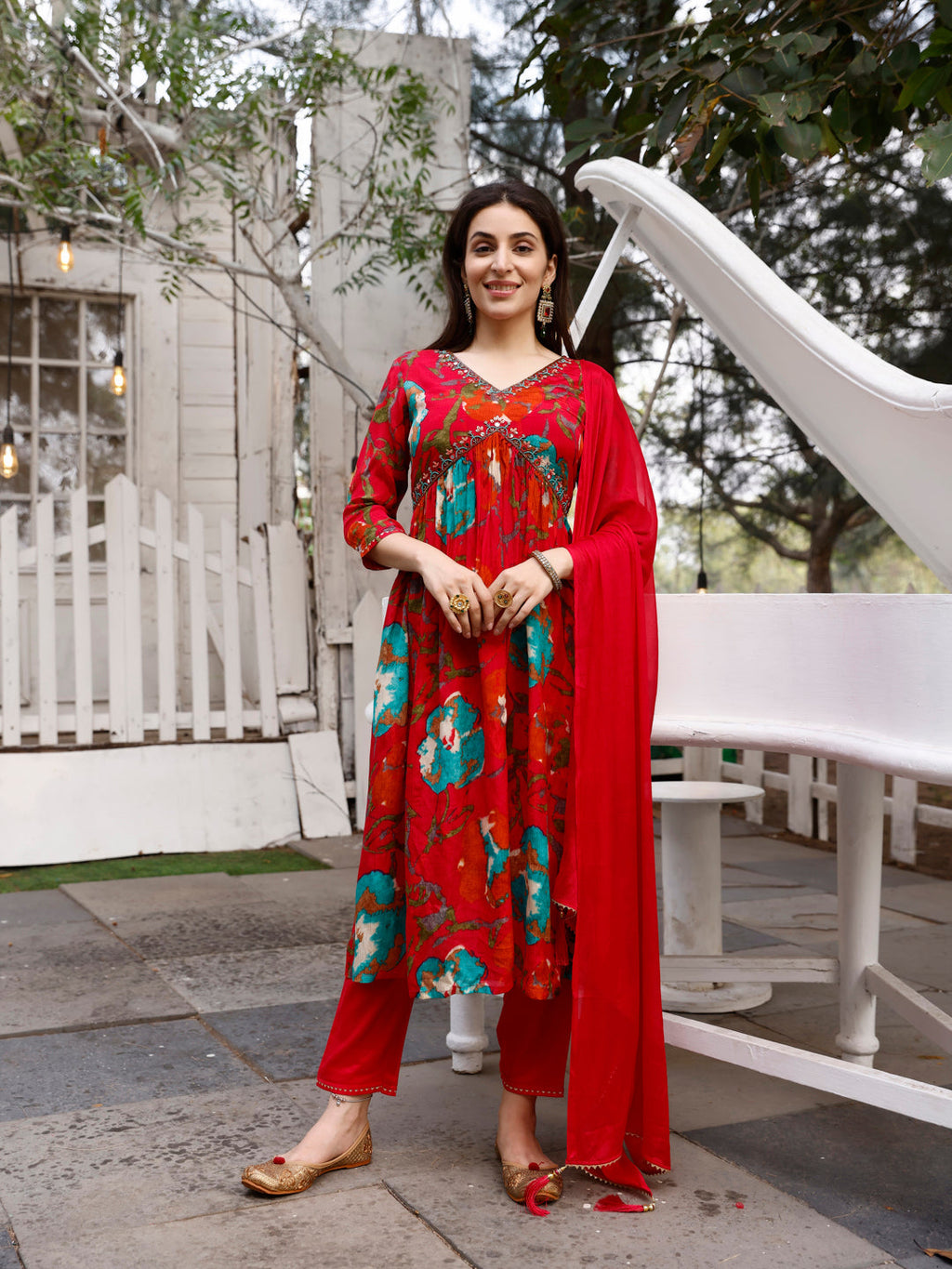 Multicolor Alia cut hand-embroidered floral printed kurta with matching pants and dupatta