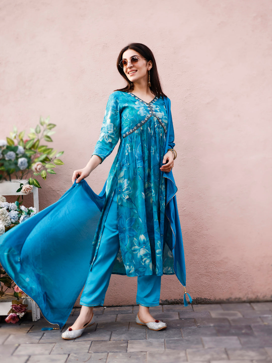 Alia Cut Hand Embroidered Floral Kurta Set with Pant and Dupatta