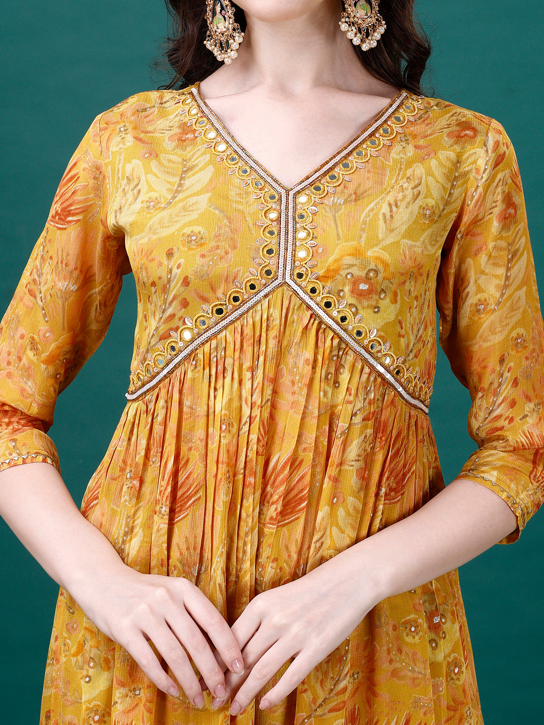 Alia Cut Hand Embroidered Multicolor Printed Chinon Kurta Set