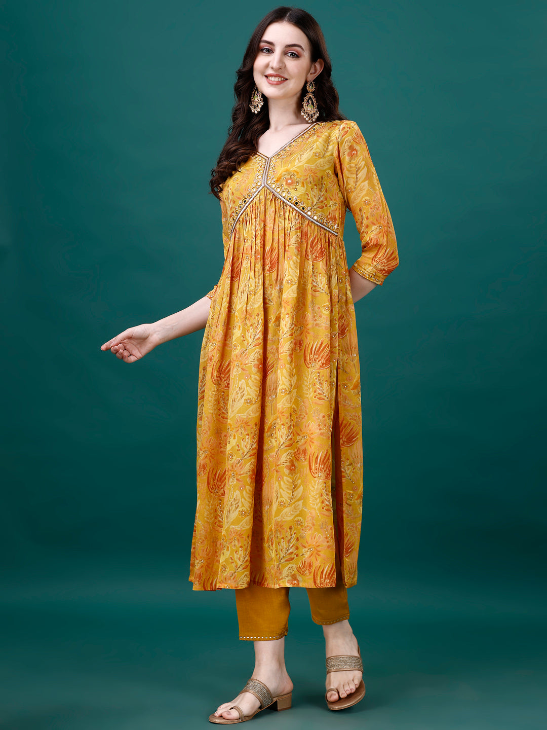 Alia Cut Hand Embroidered Multicolor Printed Chinon Kurta Set