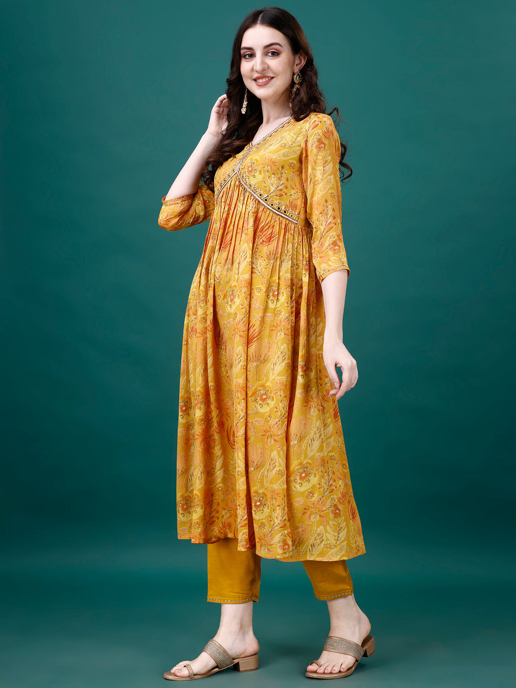 Alia Cut Hand Embroidered Multicolor Printed Chinon Kurta Set