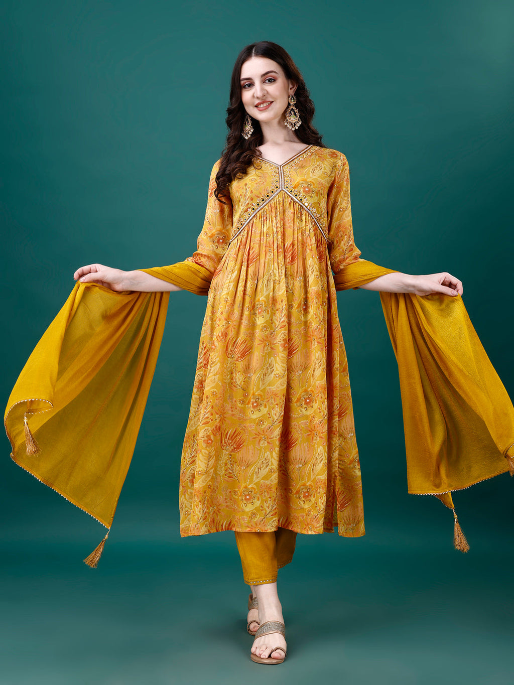 Multicolor Alia Cut hand embroidered Chinon kurta with matching pant and dupatta