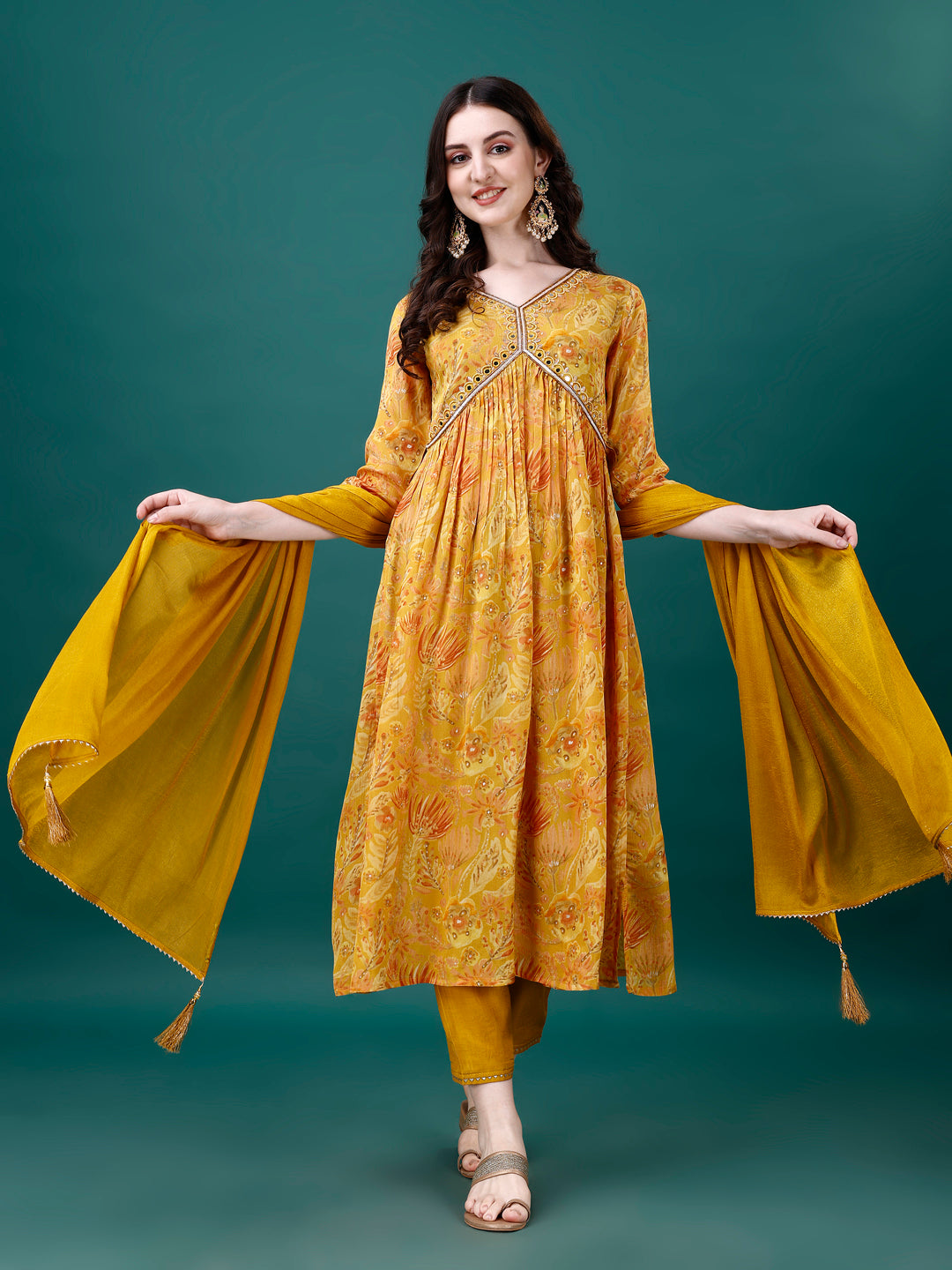 Multicolor Alia Cut hand embroidered Chinon kurta with matching pant and dupatta