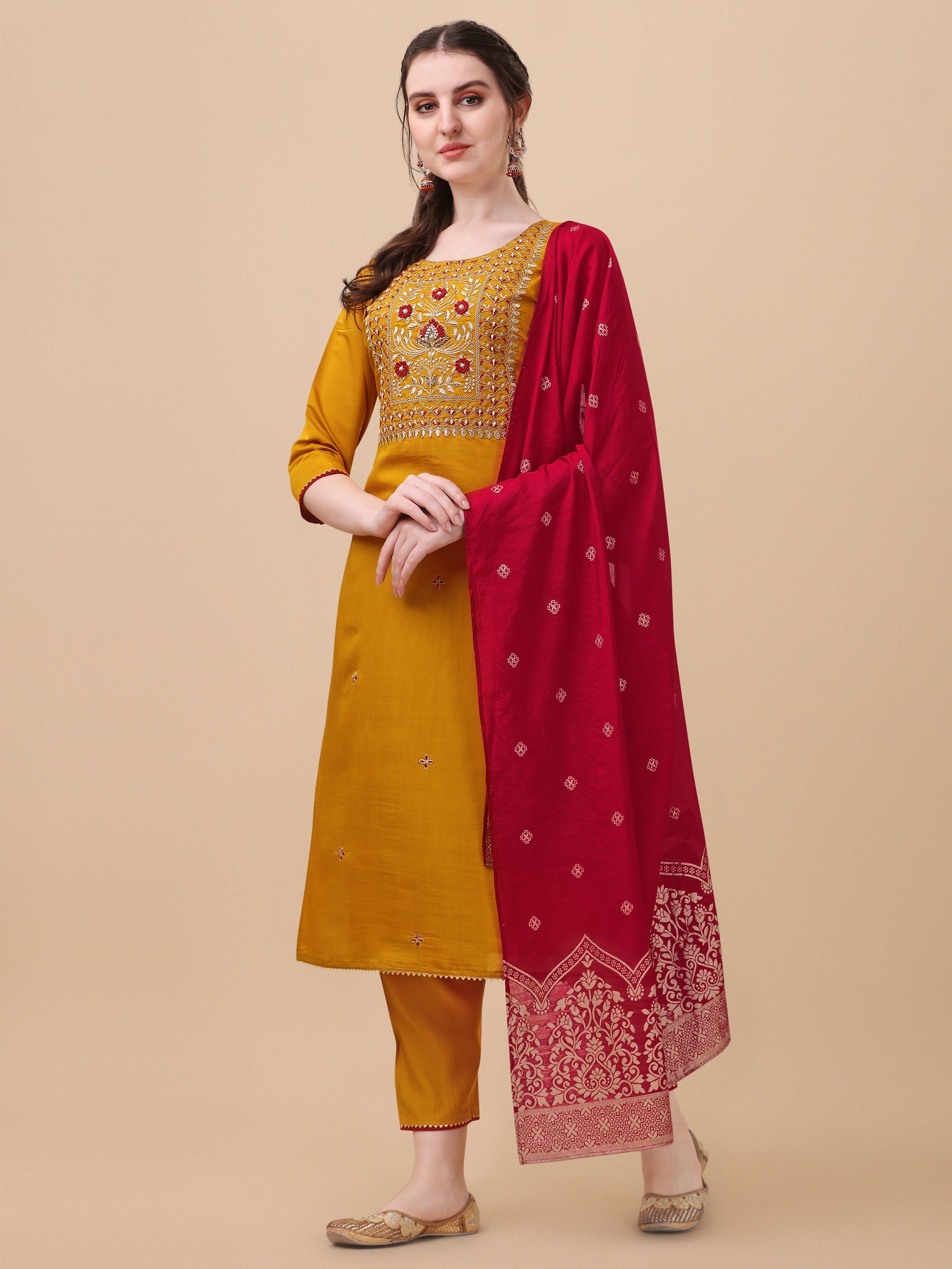 Multicolor hand embroidered kurta set with Banarasi dupatta and pants