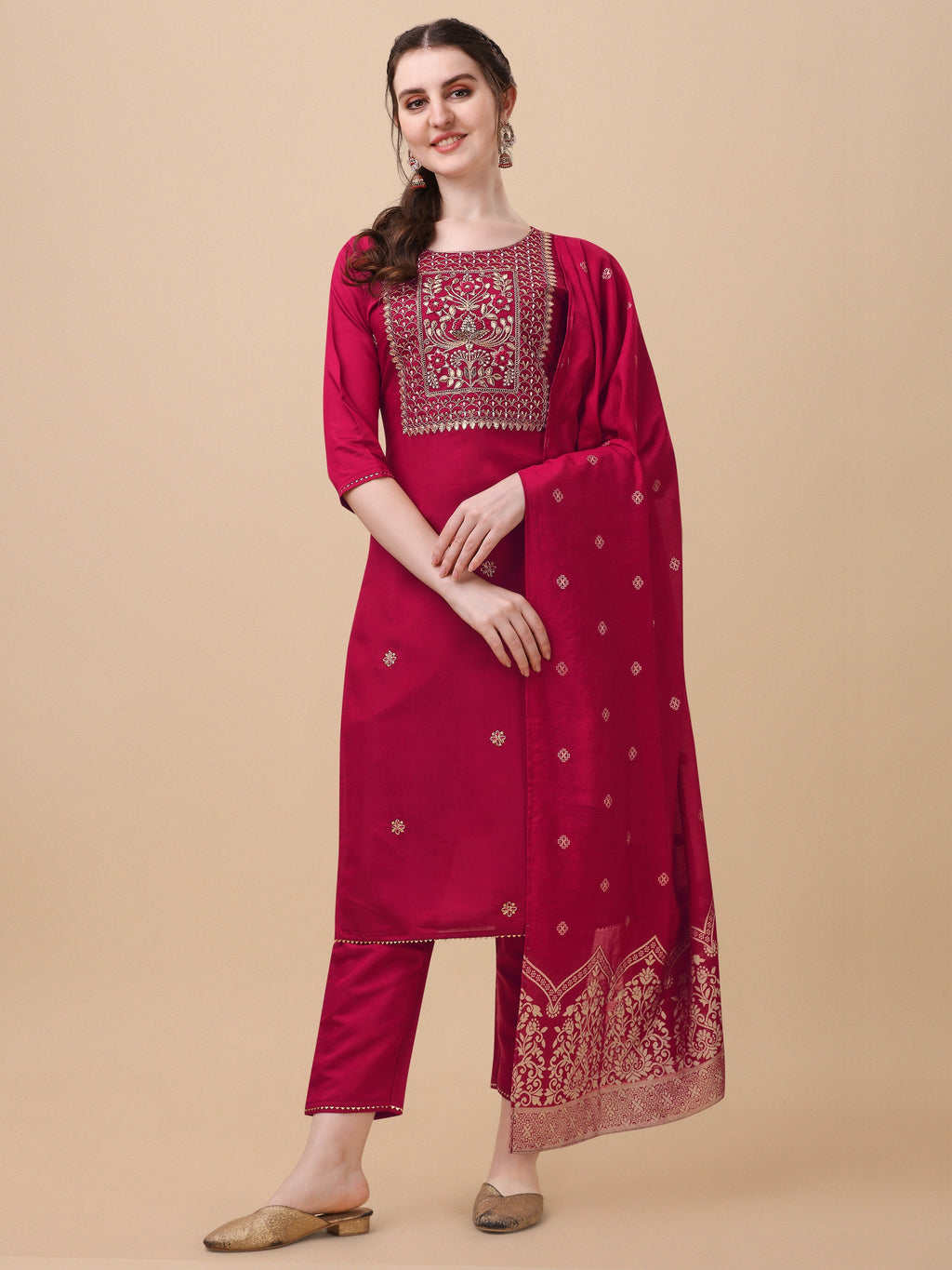 Multicolor hand embroidered kurta set with traditional Banarasi dupatta and matching pants