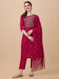 Multicolor hand embroidered kurta set with traditional Banarasi dupatta and matching pants