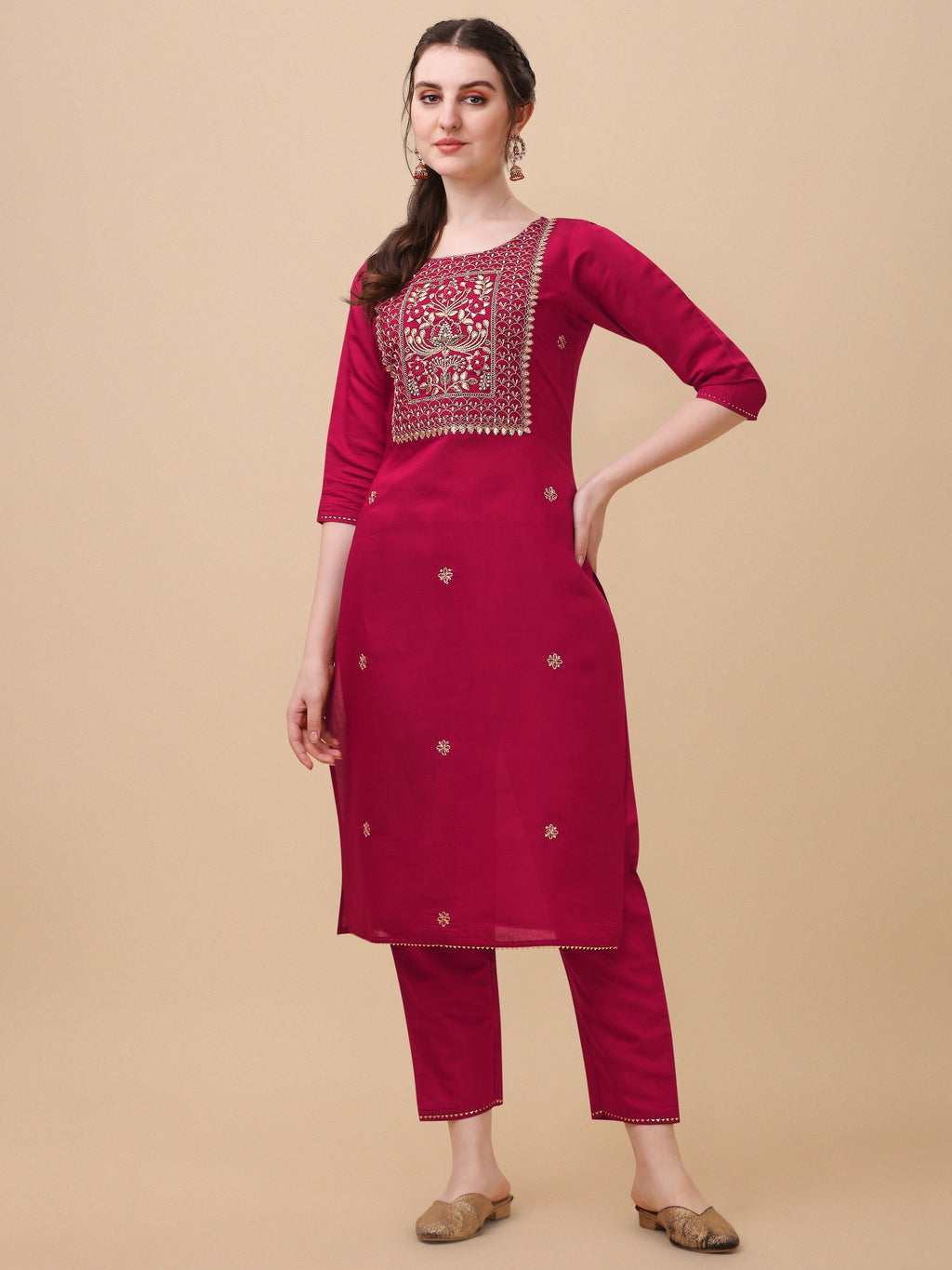 Multicolor Hand Embroidered Kurta Set with Banarasi Dupatta