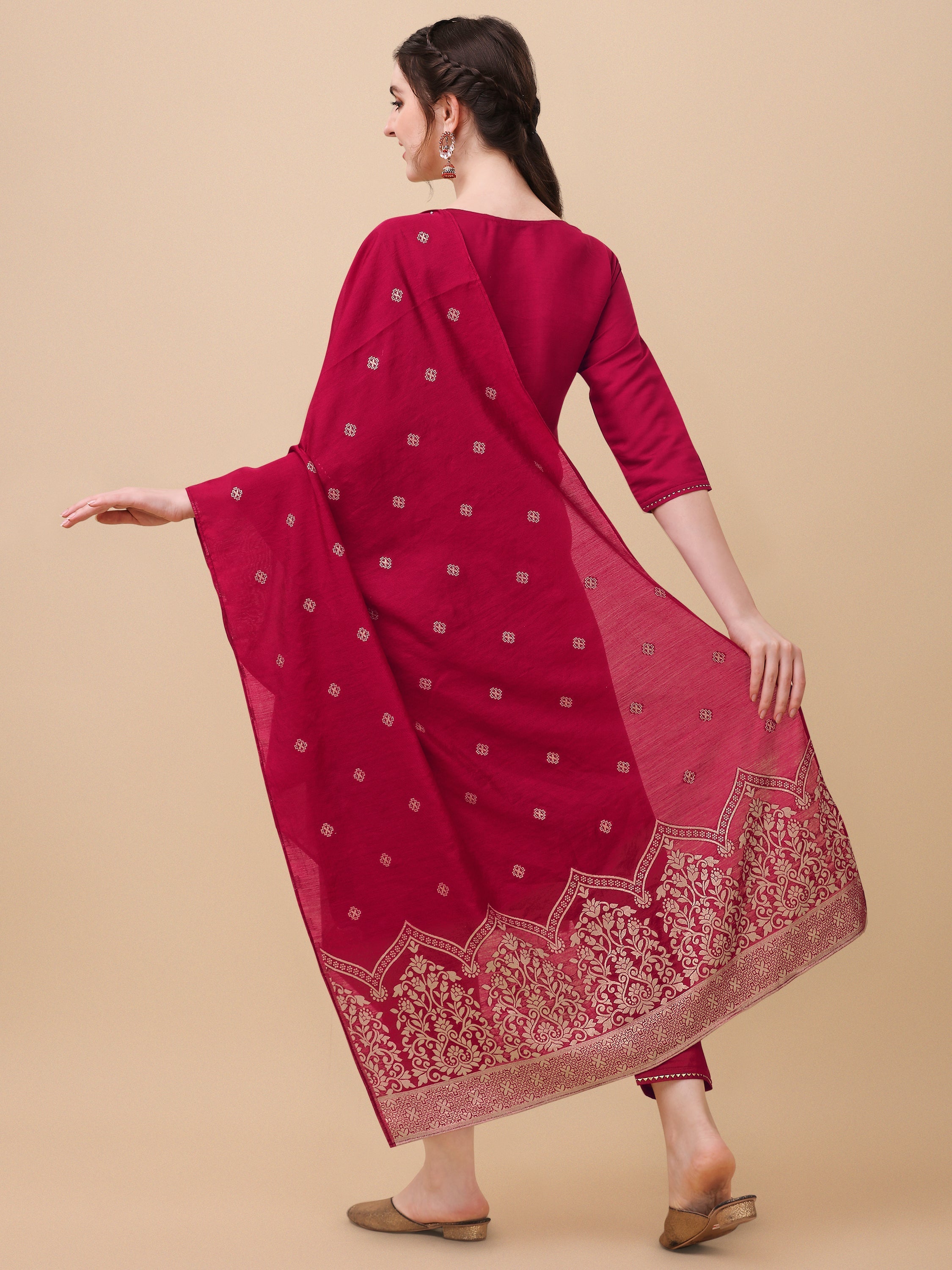 Multicolor Hand Embroidered Kurta Set with Banarasi Dupatta