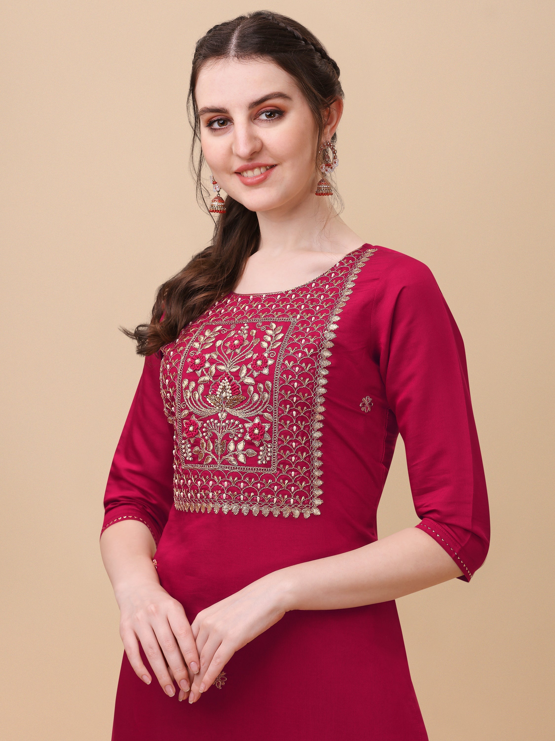 Multicolor Hand Embroidered Kurta Set with Banarasi Dupatta