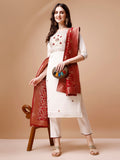 Woman wearing a multicolor hand embroidered kurta set with Banarasi jacquard dupatta