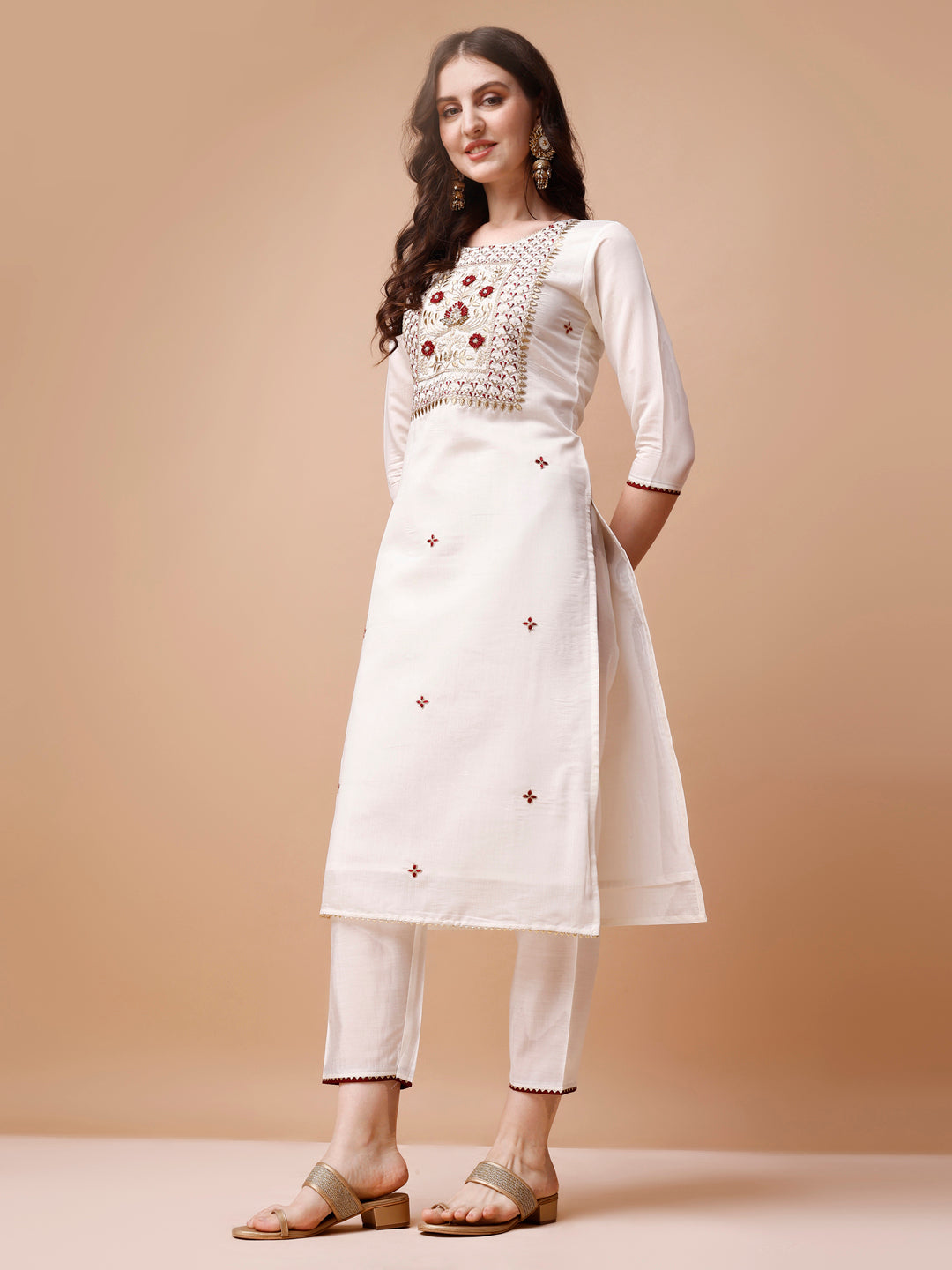 Multicolor Hand Embroidered Kurta Set with Banarasi Jacquard Dupatta