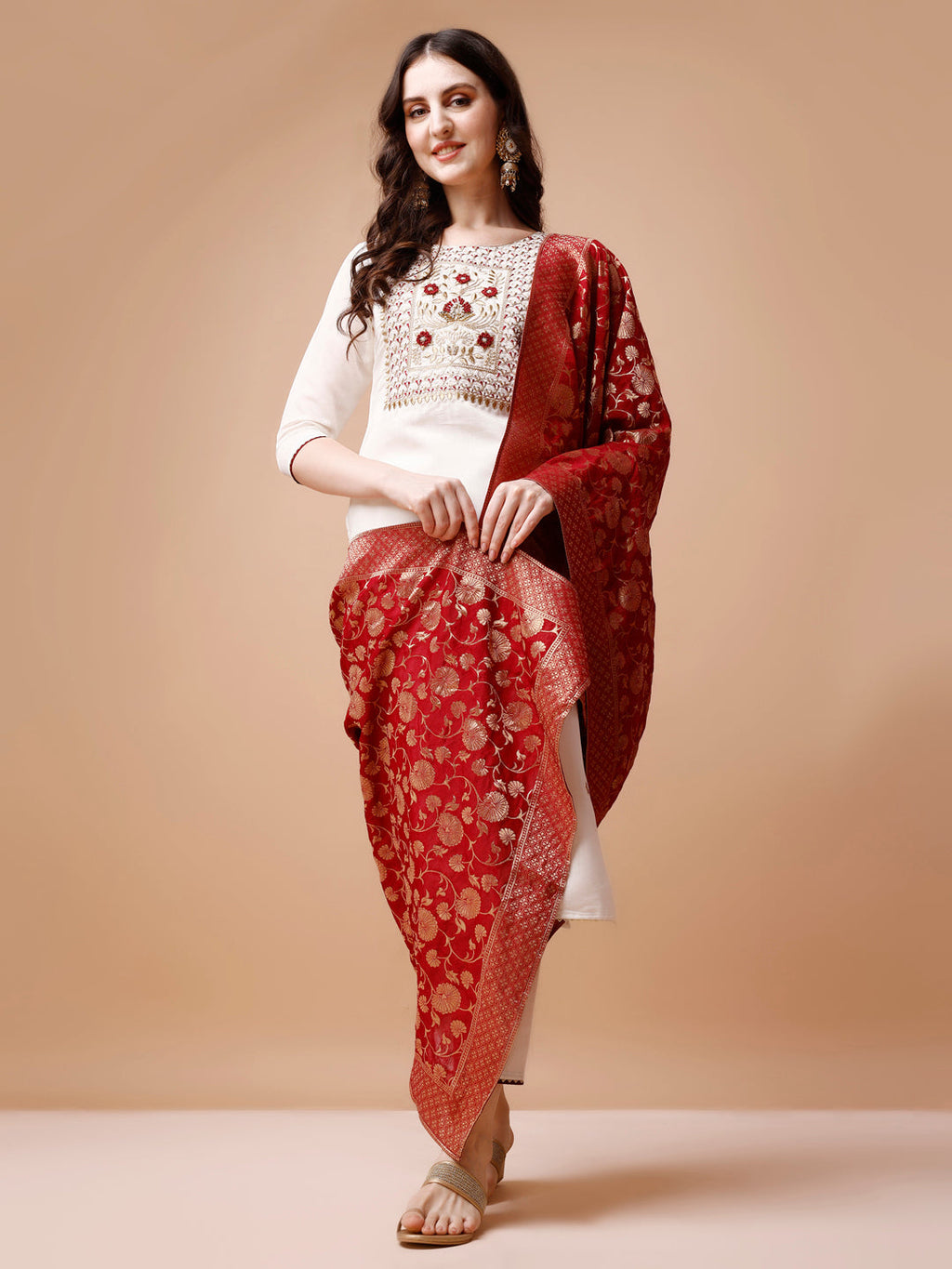 Multicolor Hand Embroidered Kurta Set with Banarasi Jacquard Dupatta