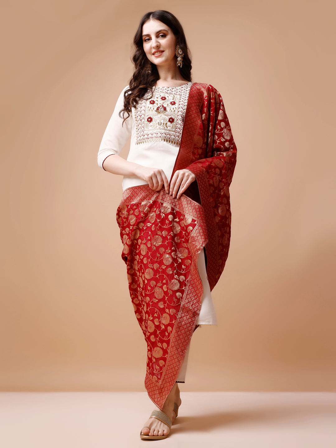 Multicolor Hand Embroidered Kurta Set with Banarasi Jacquard Dupatta