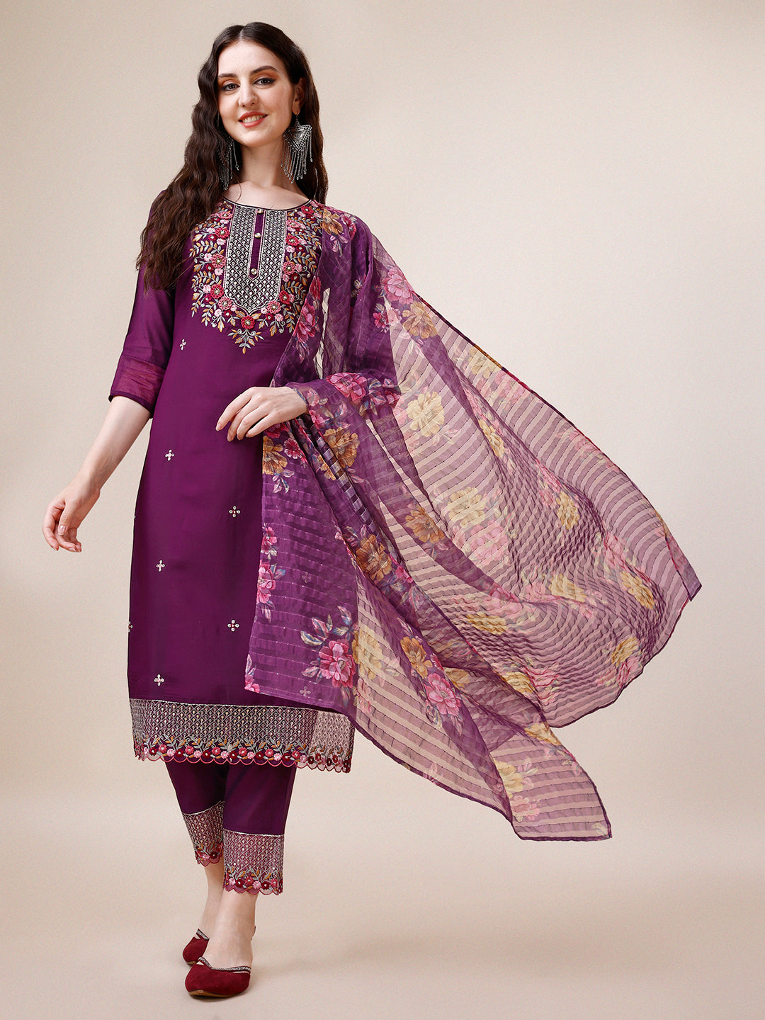Premium multicolor hand embroidered rayon kurta set with pants and dupatta