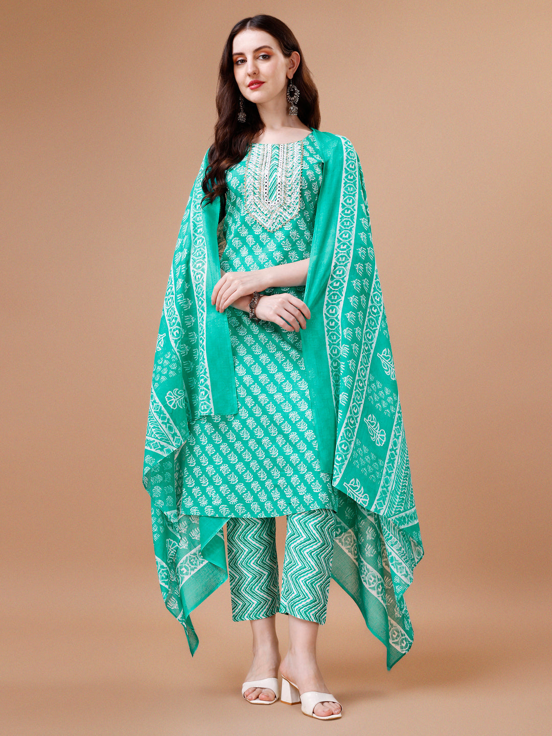 Embroidered & Floral Printed Kurta With Pant & Dupatta, Multicolor - Hiral Fashion