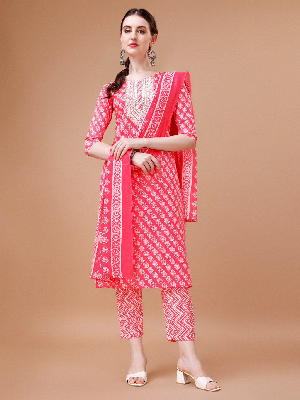 Multicolor Floral Embroidered Rayon Kurta Set with Pant and Dupatta