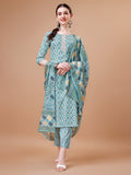 Printed & Lace Yoke Embroidered Kurta With Pant & Dupatta, Multicolor - Hiral Fashion