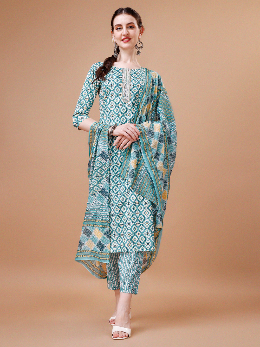 Printed & Lace Yoke Embroidered Kurta With Pant & Dupatta, Multicolor - Hiral Fashion