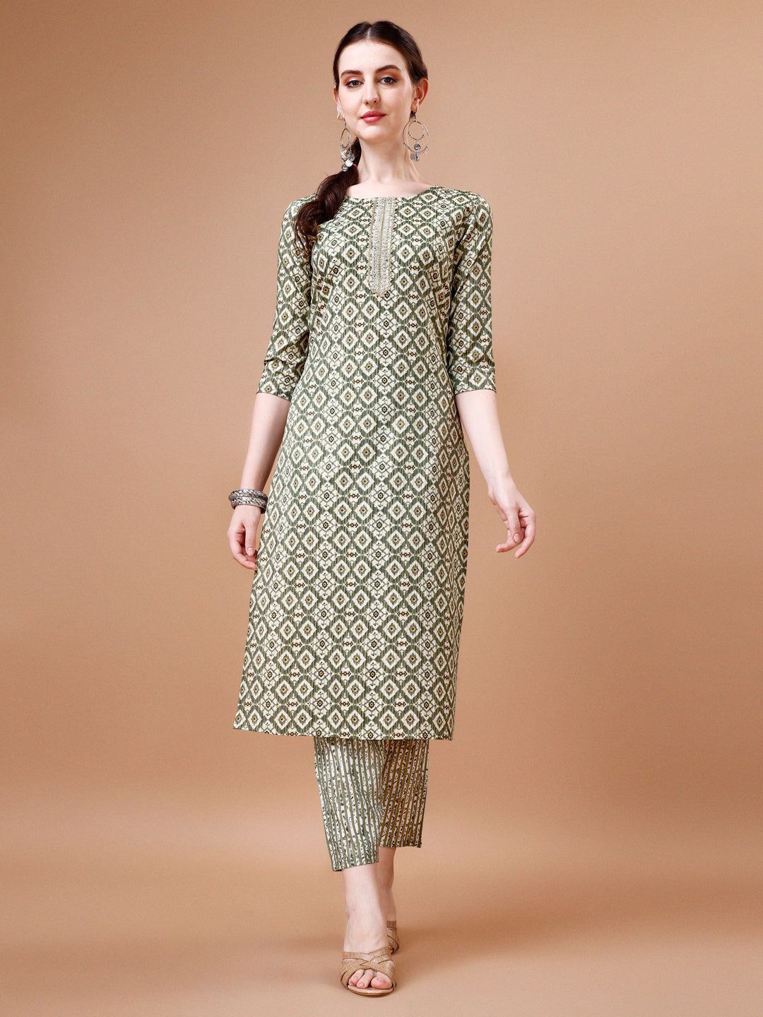 Multicolor Printed Rayon Kurta Set with Lace Yoke and Dupatta