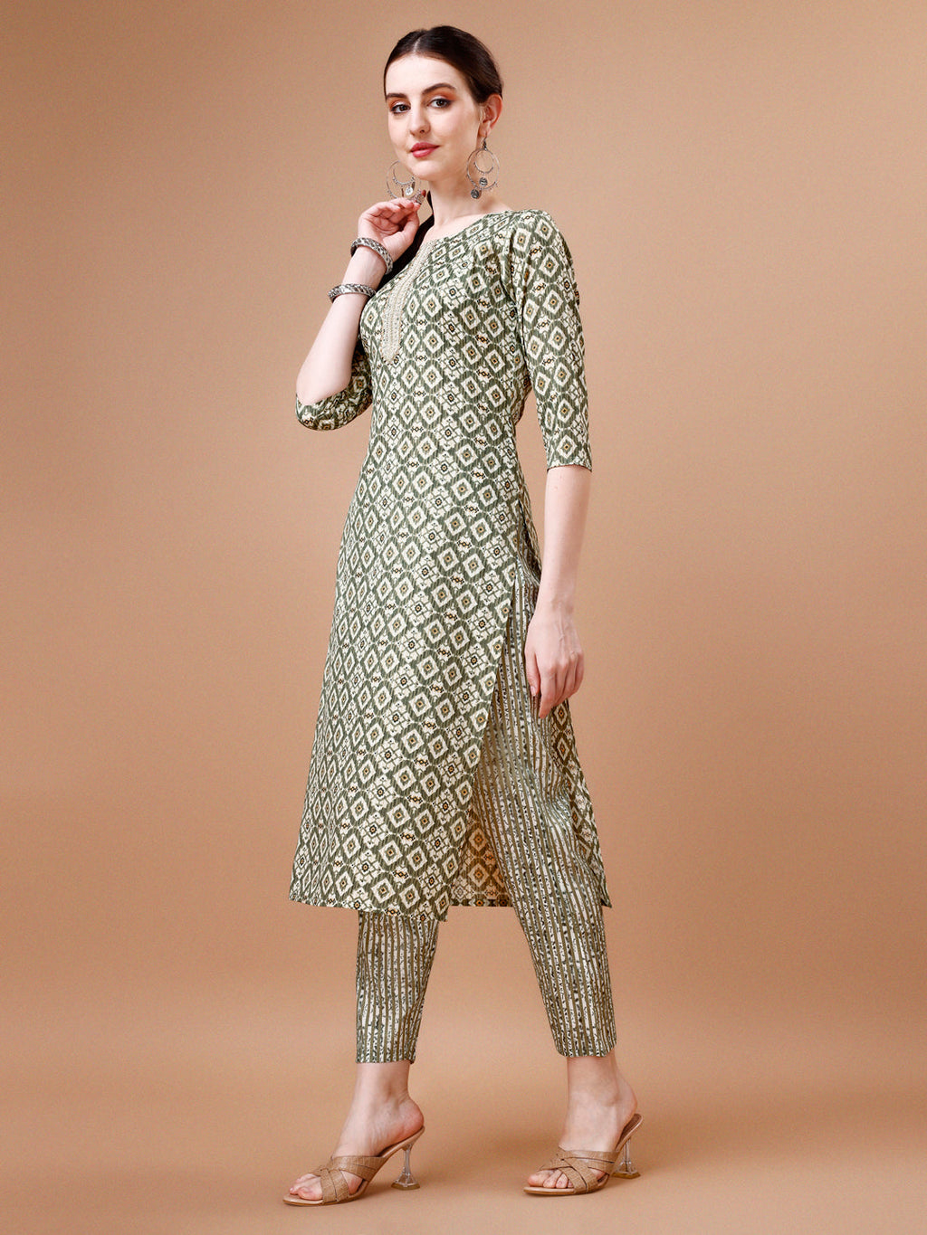 Multicolor Printed Rayon Kurta Set with Lace Yoke and Dupatta