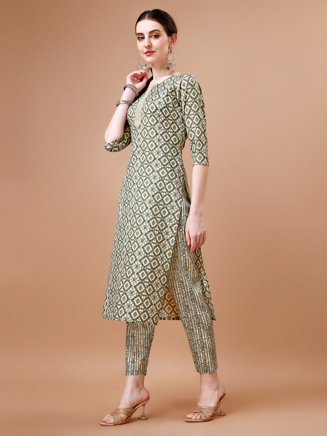 Multicolor Printed Rayon Kurta Set with Lace Yoke and Dupatta