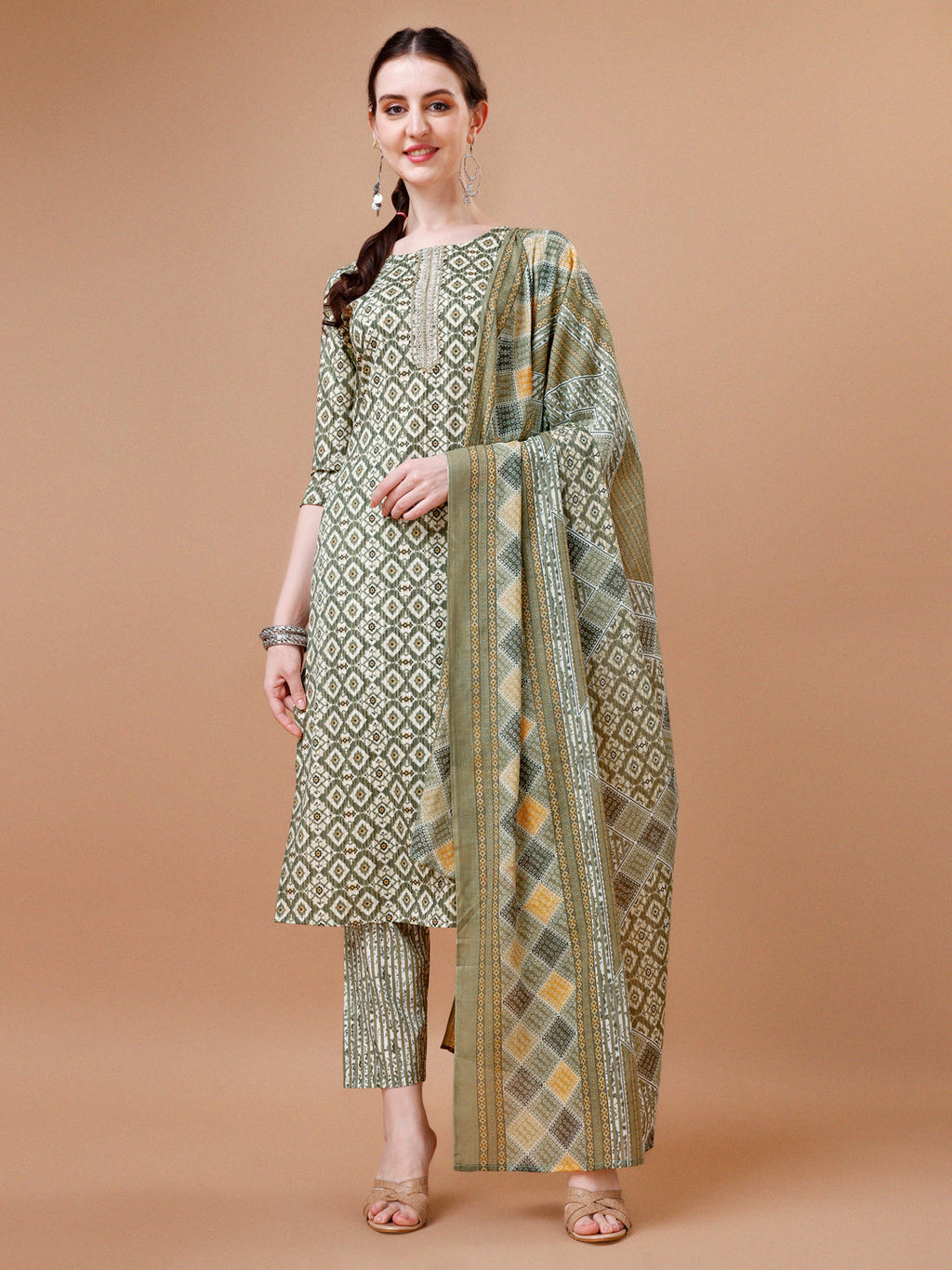 Multicolor Printed Rayon Kurta Set with Lace Yoke and Dupatta