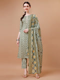 Multicolor Printed Rayon Kurta Set with Lace Yoke and Dupatta