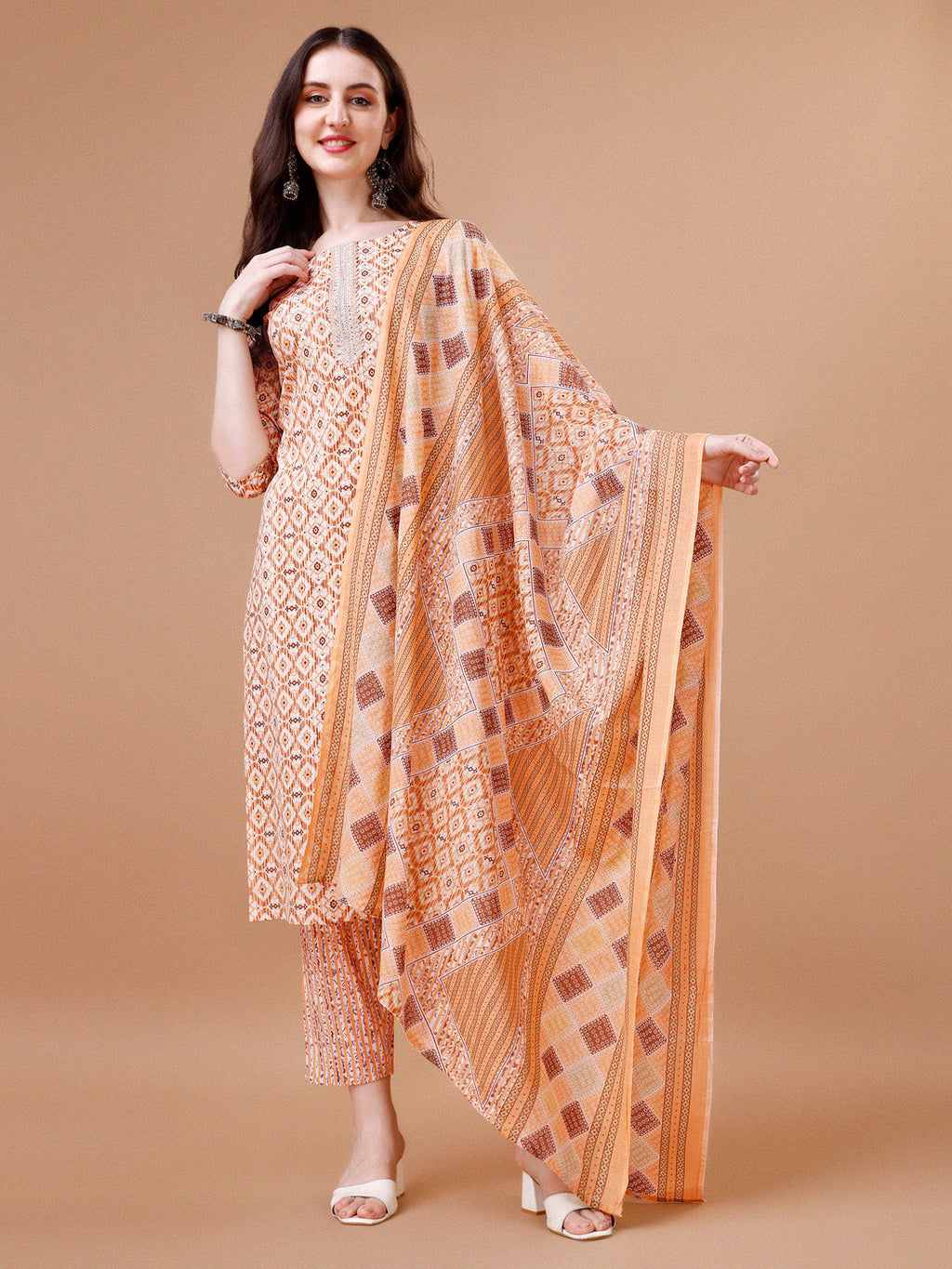 Multicolor printed kurta featuring a lace embroidered yoke with matching pant and dupatta