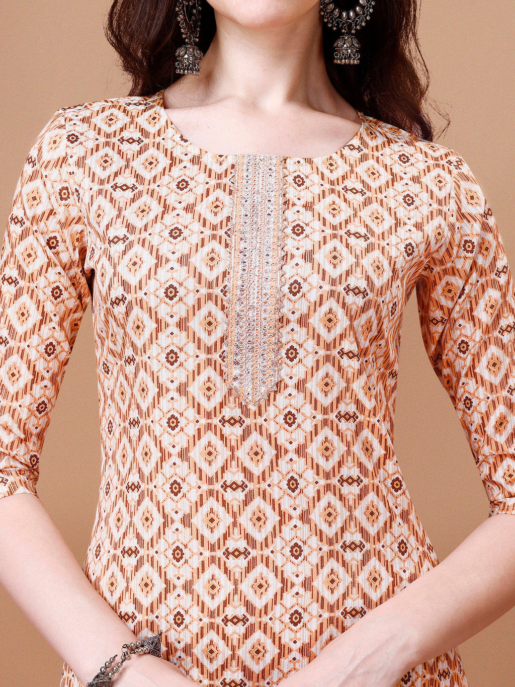 Multicolor Printed Kurta Set with Lace Yoke Embroidery