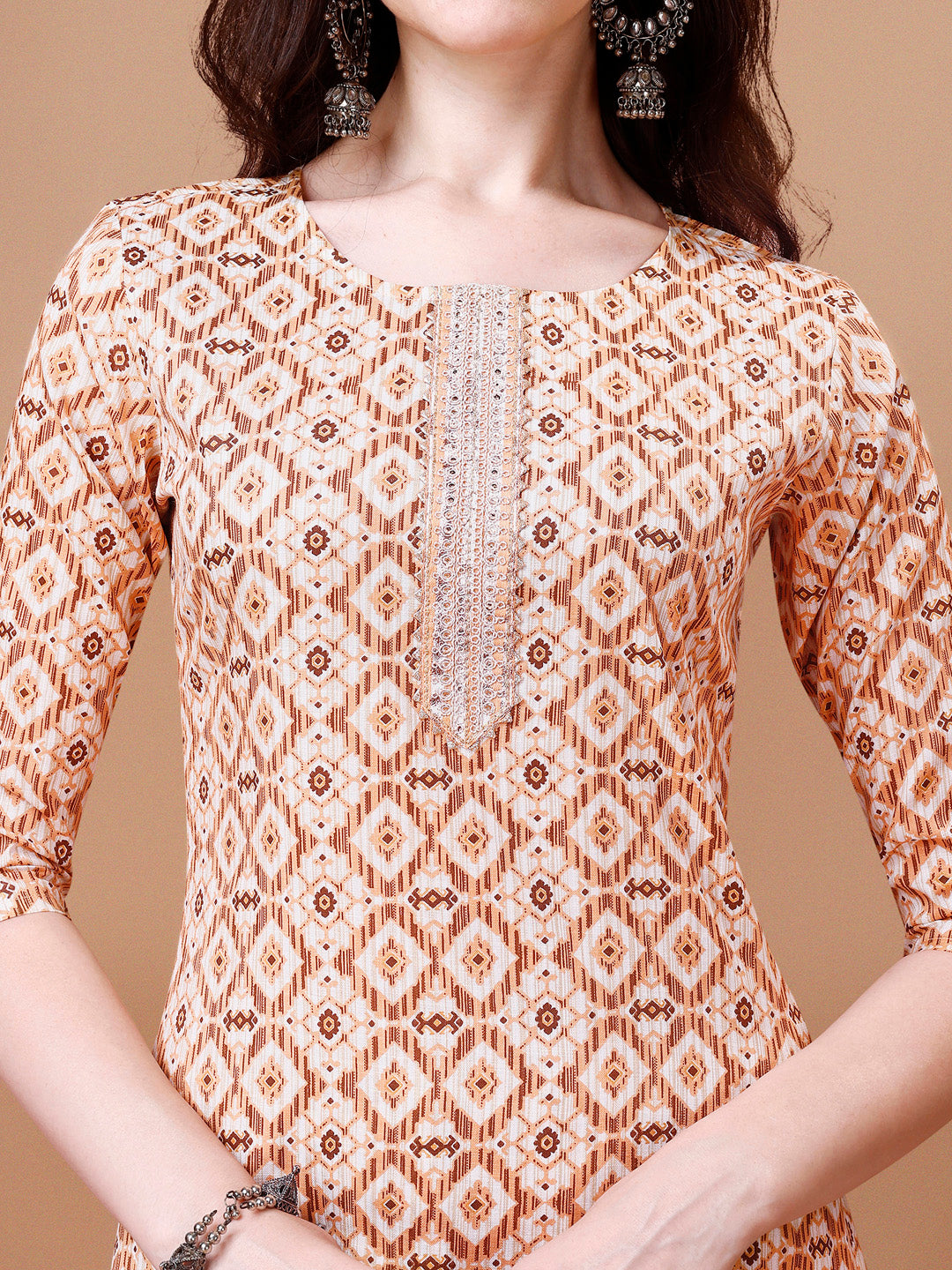 Multicolor Printed Kurta Set with Lace Yoke Embroidery